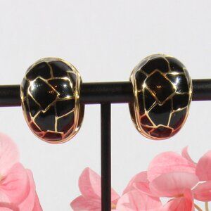 Vintage Erwin Pearl Gold Tone and Black Enamel Hinge Clip on Earrings